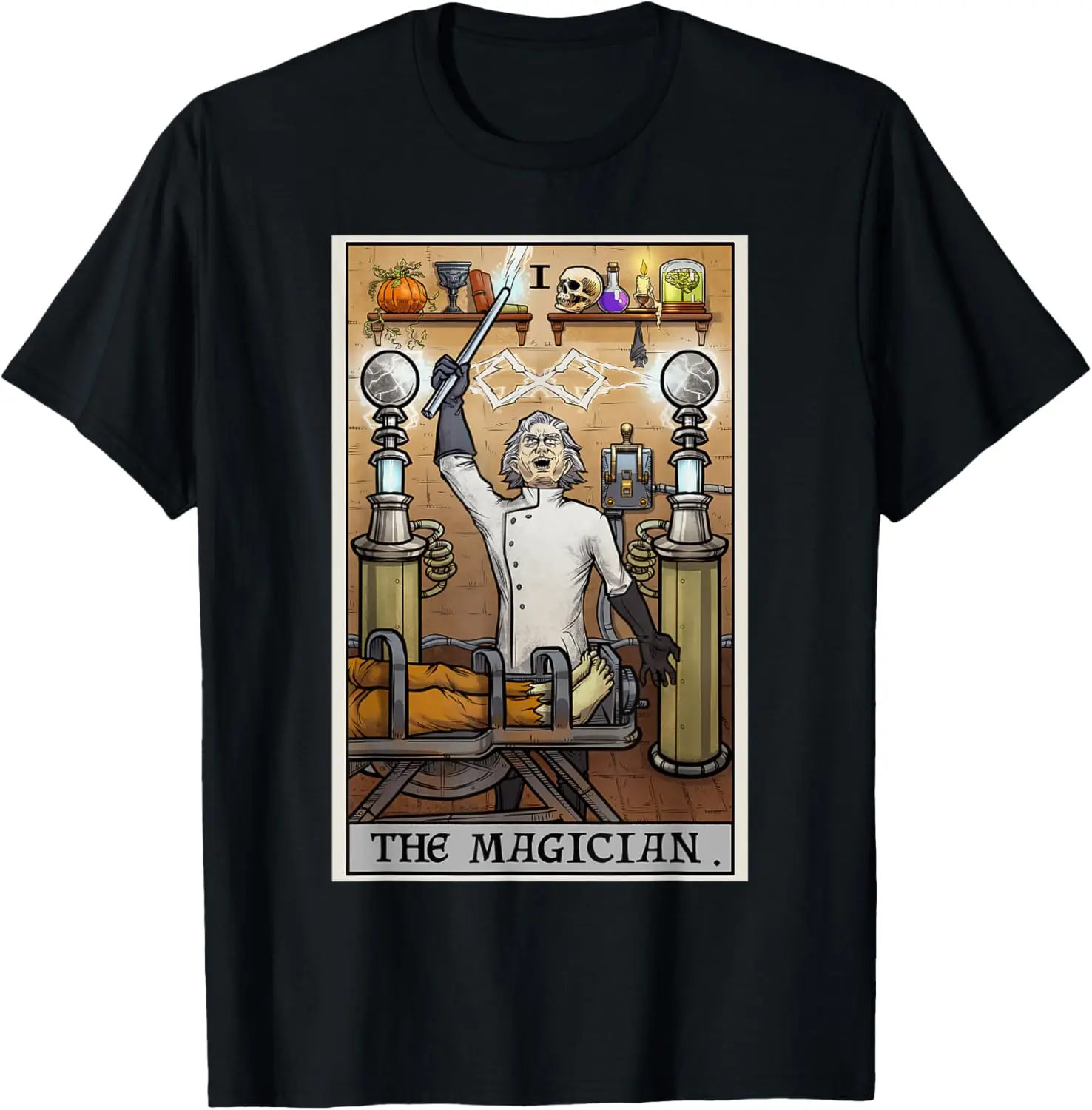 The Magician Tarot Card Halloween Mad Scientist Horror Goth T-Shirt 100% Cotton Trendy Y2K Short-Sleeve Tee – Soft, Quick-Drying, & Moisture-Wicking; Ideal for Sports or Casual Wear; Great Gift for Christmas or Halloween.