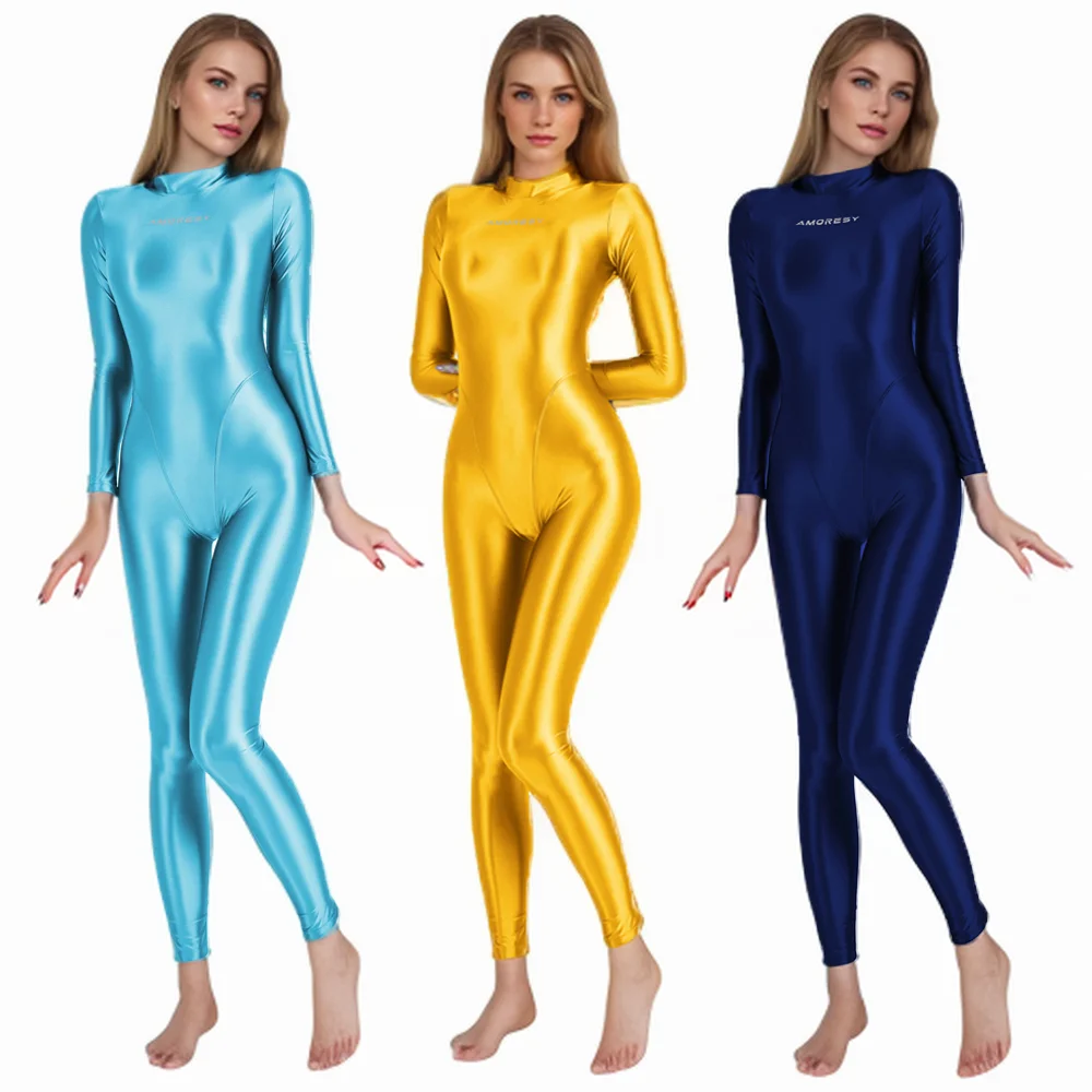 AMORESY-Macacões Sexy Brilhantes de Manga Longa, 1 Peça, Óleo Liso, Pescoço Alto, Zíper, Corrida, Bodysuits Yoga, Sportswear, Macacão, Calças Justas