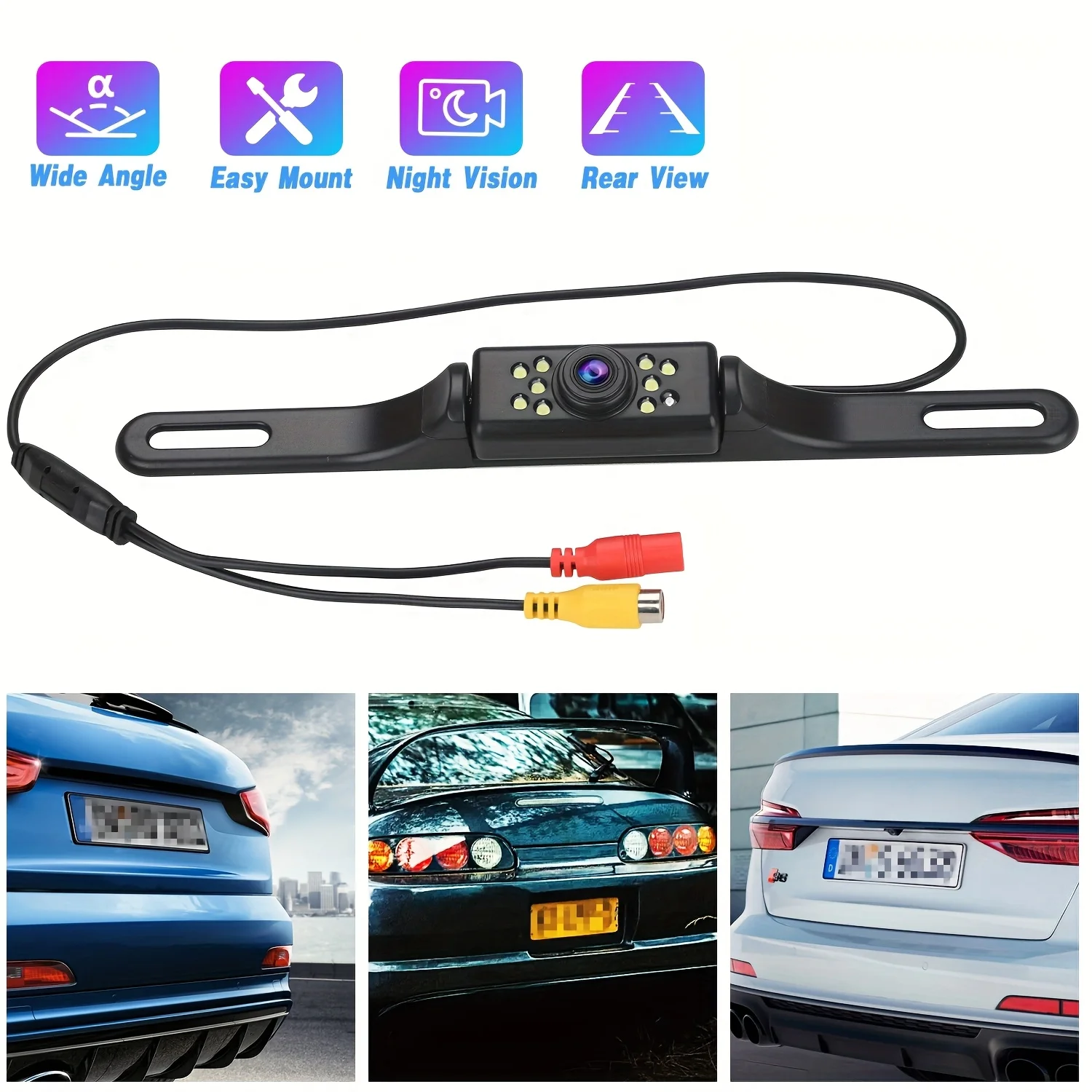 Telecamera di backup per auto Telecamera per retromarcia per visione notturna HD Telecamera per targa con 9 luci a LED, telecamera per retromarcia per auto