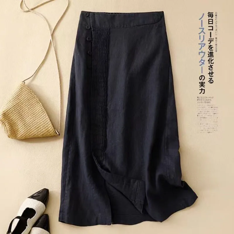 الصيف مطوي سبليت ميدي تنورة المرأة تنوعا ألف خط القطن الكتان تنورة السببية زر مرونة عالية الخصر التنانير