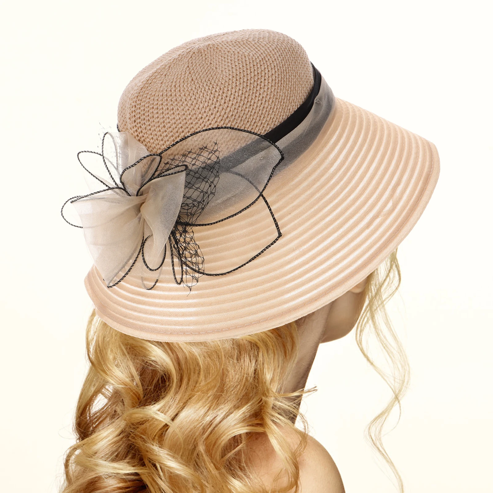 

Women Summer Organza Sun Hat Church Fascinator Bowler Bridal Floral Cap Holiday Beach Hats Tea Party Wedding Beige 56-58Cm Large