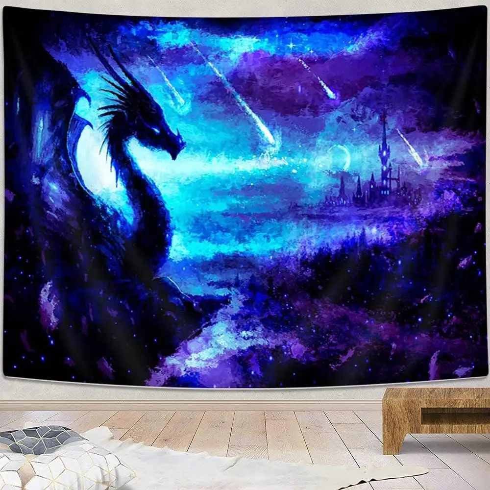 Dragon Tapestry Wall Hanging - Medieval Fantasy Fire Dragon Wall Art, Trippy Gothic Design for Living Room, Bedroom, Dorm Decor