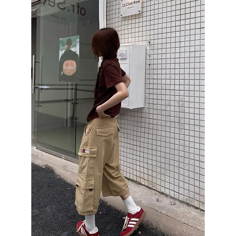 QWEEK Oversized Vintage Shorts Cargo Pants Japanese 2000s Wide Leg Harajuku Trousers Korean Y2k Style Baggy Streetwear Neutralny