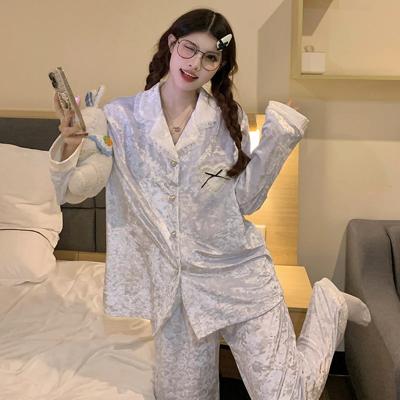 パジャマ美的セット女性用織ツイル綿ナイトウェア伝統的な技術デザイン襟付き長袖フルレングスパンツイン