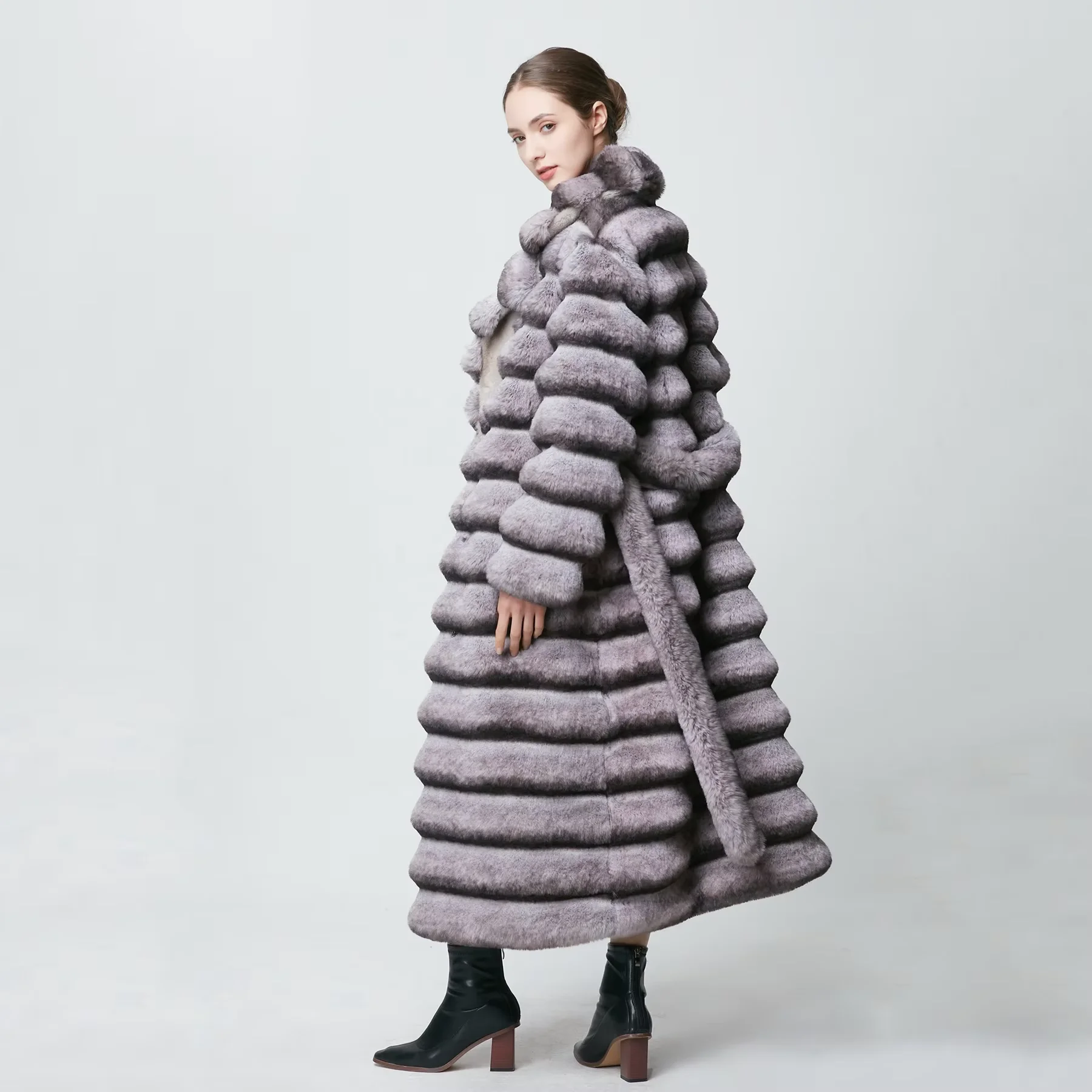 Hot Sale Custom Multi-color Winter Windproof Long Faux Woman Coat Chinchilla Fur Coat with Belt