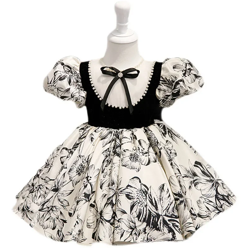 Vestidos personalizados con cuello redondo estilo palaciego con cordones y lazo para niñas, vestido de baile con estampado de flores y cuello redondo, Vestidos de fiesta de cumpleaños para niños Pri