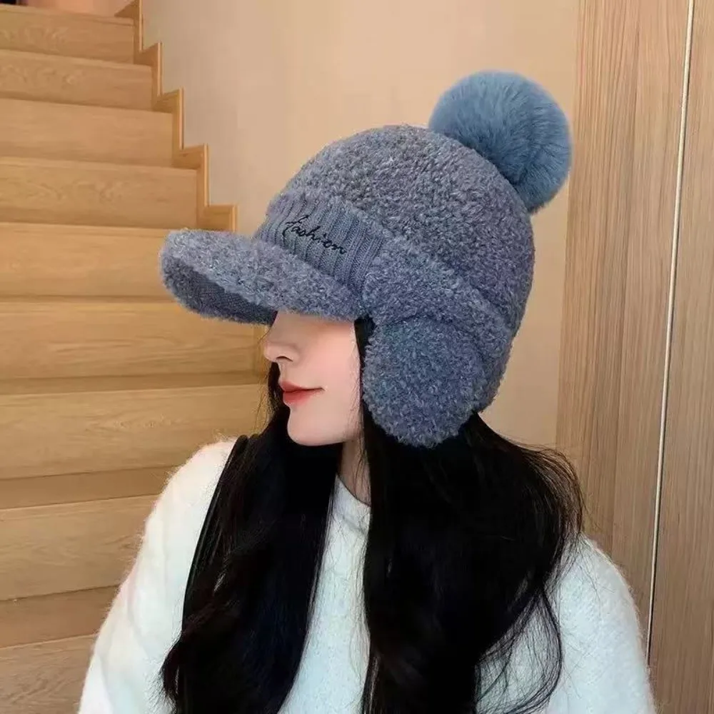 

Fashion Solid Color Warm Earmuffs Cap Windproof Thick Knitted Baseball Cap Versatile Thermal Pompom Plush Beanie Daily