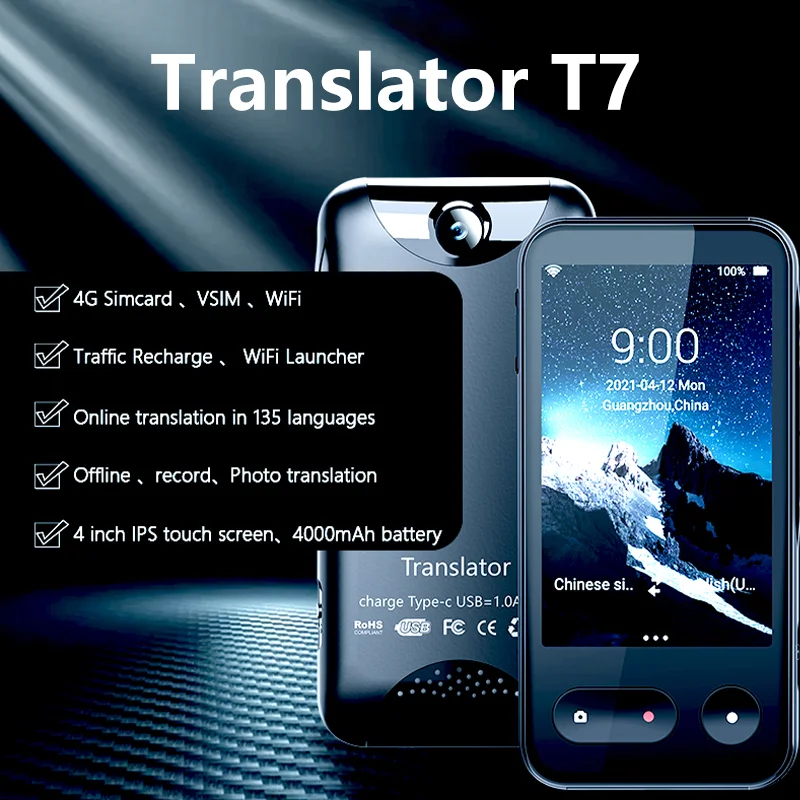 Tradutor Automático Inteligente para Aprendizagem e Negócios, Suporte T7, 4G-Sim, AI, Inteligente, Multilíngue, Offline, 17 Idiomas