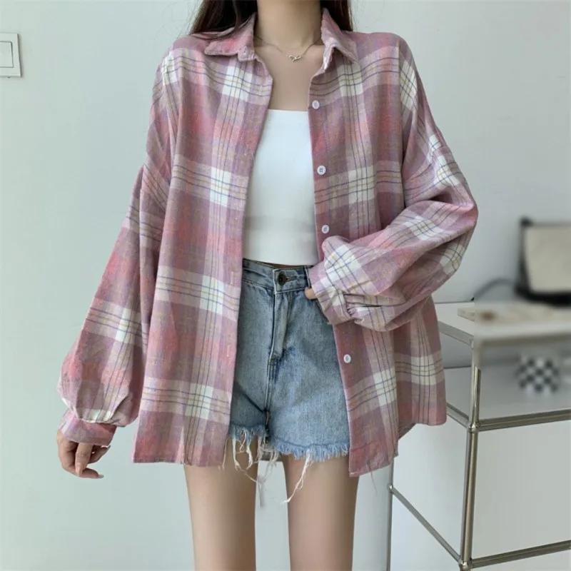 Women Vintage Long Sleeve Shirt Oversized Plaid Shirt Autumn Loose Lapel Pocket Shirt Blouse Korean Busas Para Mujer  ﻿