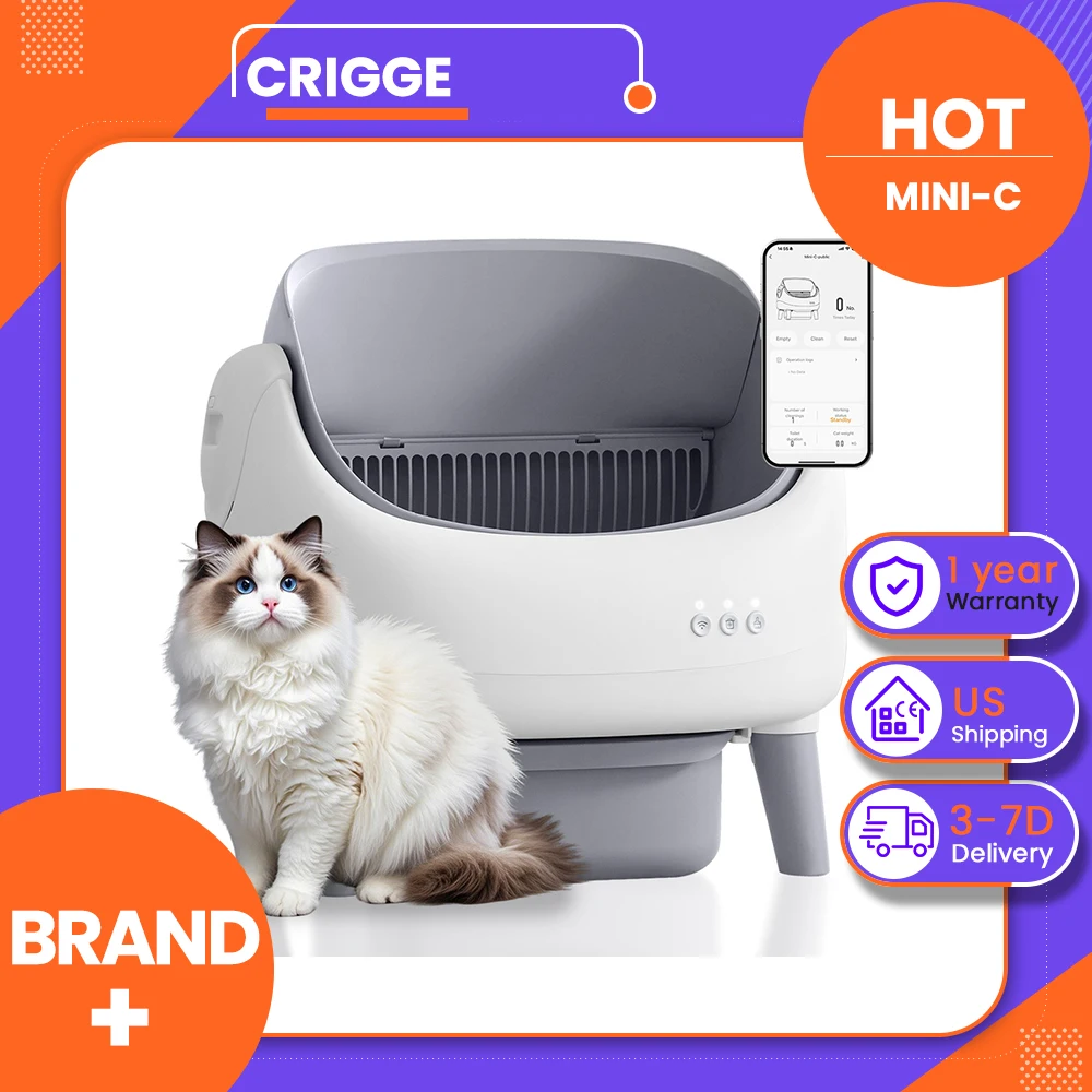 Crigge MINI-C Self-Cleaning Litter Box – Smart APP Control, Dual Sensor Safety, High-Performance Filter, Large Waste Bin, Ideal for Multi-Cat Homes, Auto Clean & Odor Control