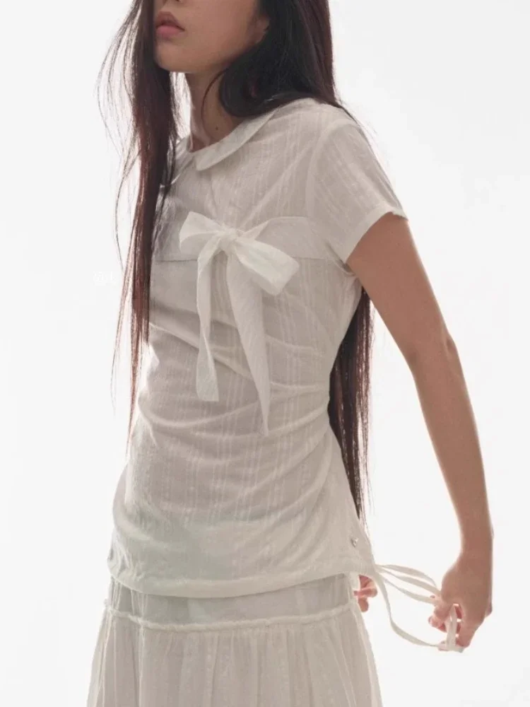 

2025 Women Clothing Sweet T Shirts Peter Pan Collar Bandage Bow Camisetas Ropa Mujer Short Sleeve Tunic Tees Sweet Summer Tshirt