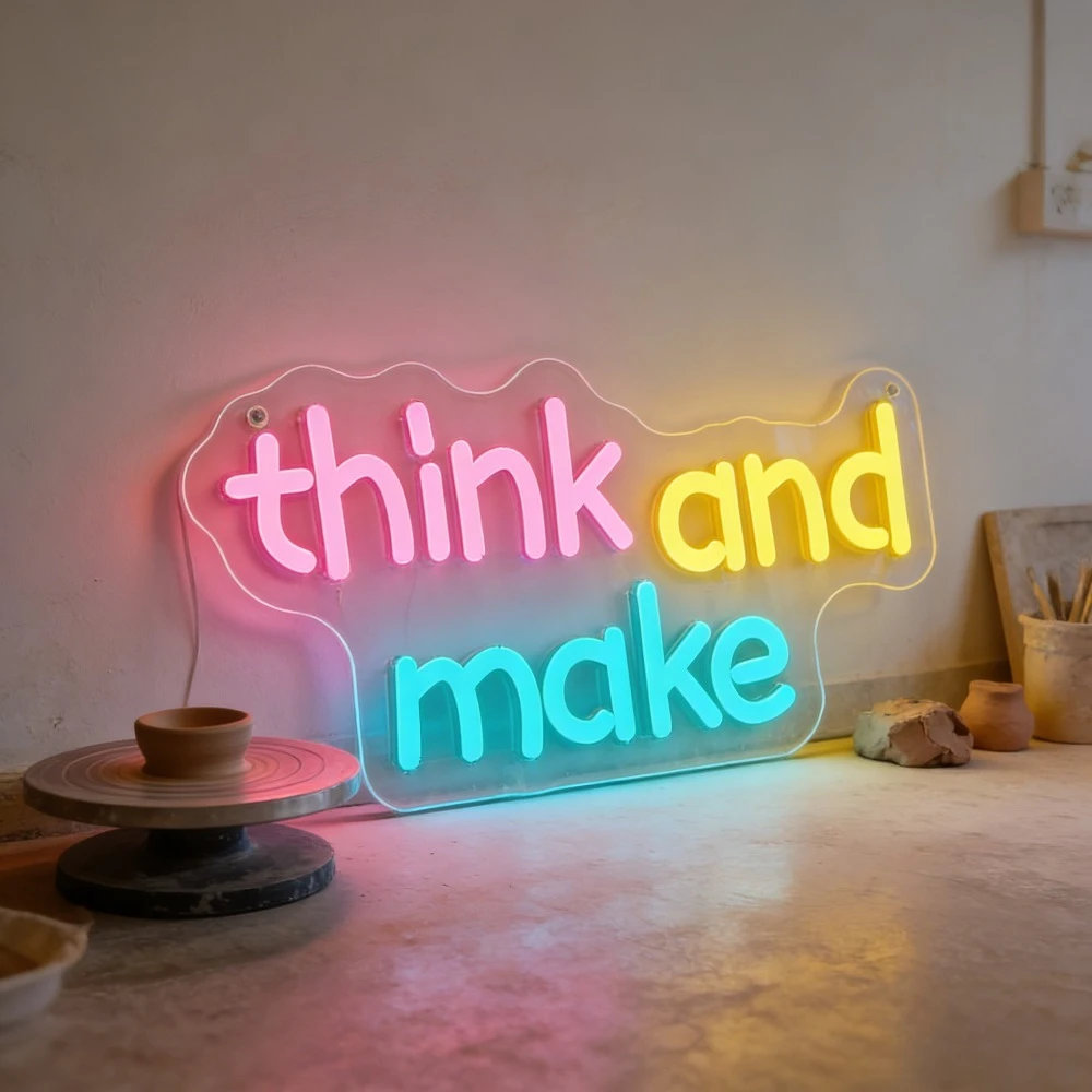 

Think and Make LED Neon Sign for Home Decor Art Studio Cafe Bar Party Inspirational Creative Wall Art Lighting Craft Room