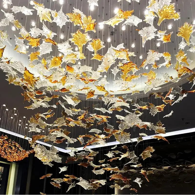 Projeto em grande escala lustre de cristal lustre do hotel villa lobby vendas arte cristal maple leaf lâmpada decorativa personalização