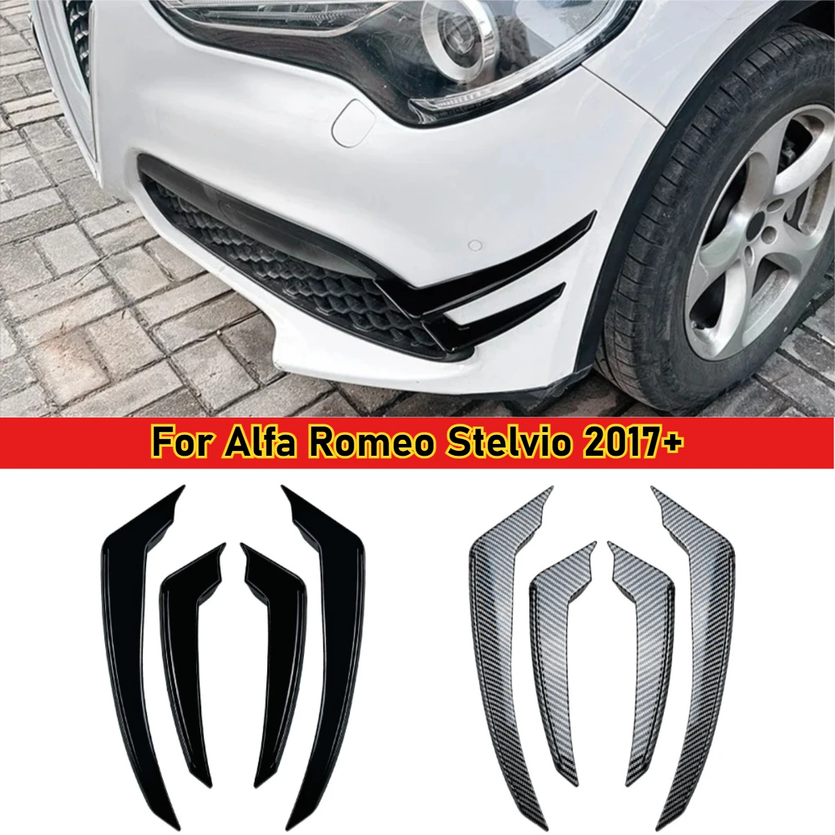 

Передний бампер, спойлер, разделитель, боковая накладка, разделитель для губ для Alfa Romeo Stelvio 2017 + глянцевый черный карбоновый вид, аксессуары
