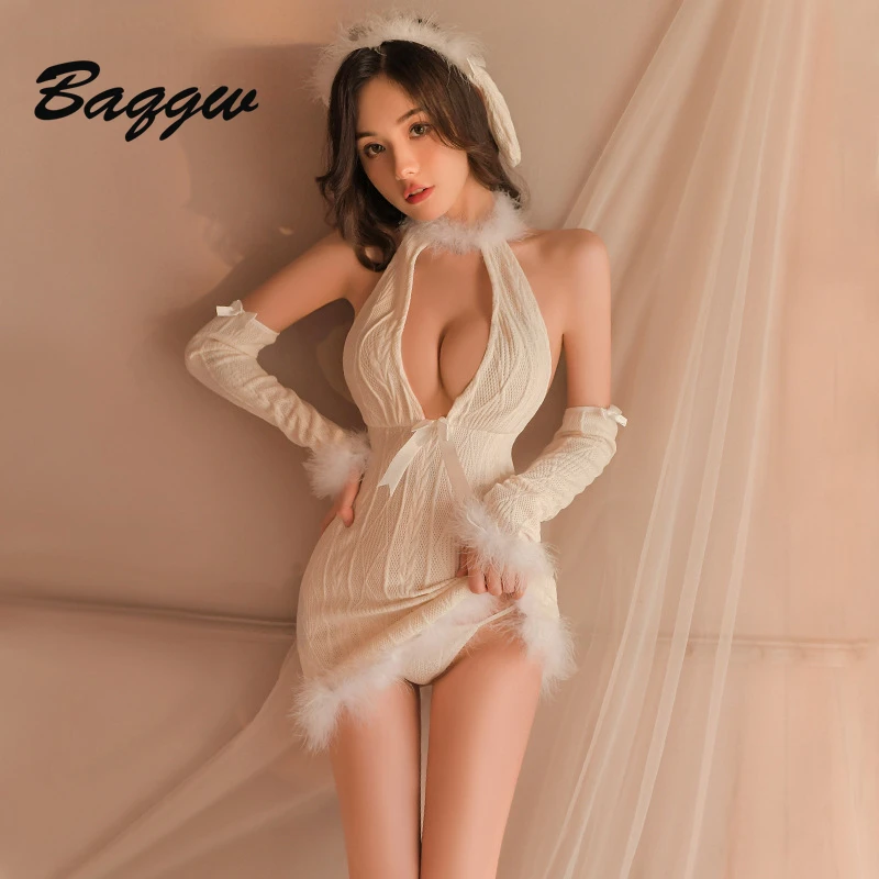 

Sexy Women Lingerie Outfits Lovely Sheep Furry Halter V-Neck Hollow Out Drawstring Exotic Sets See Through Seduction Intimate