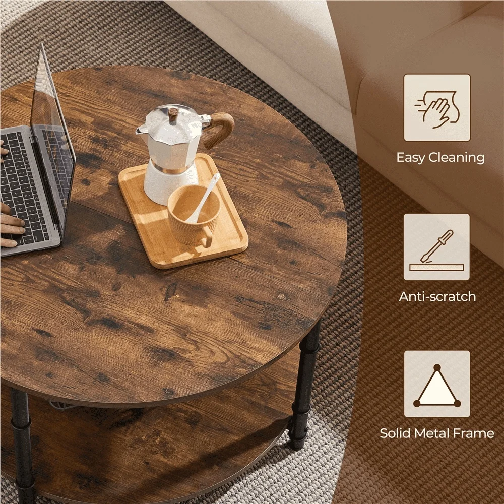 2 Layer Round Coffee Table Vintage Style Rustic Brown Wood Metal Frame Storage Living Room Easy Assembly