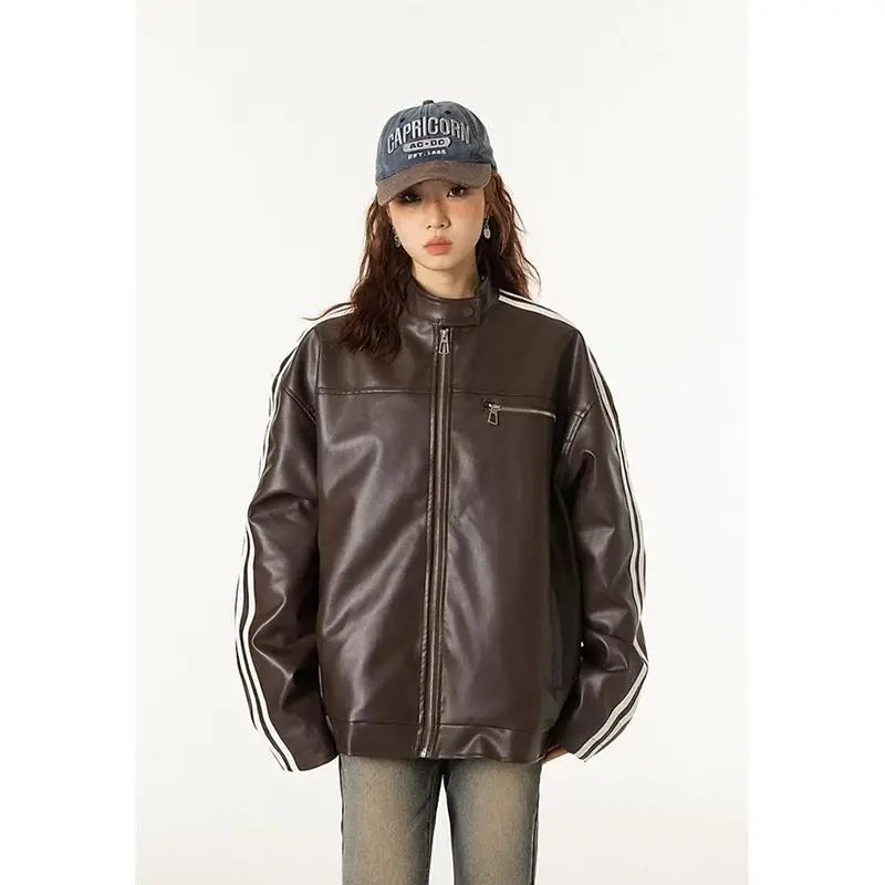 2025 American Vintage Motorcycle PU Leather Jacket Woman Striped Jacket for Woman Oversized Jacket