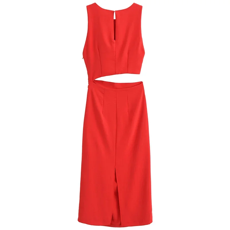 TRAF Cut Out Red Long Dress Woman Sleeveless Summer Dresses 2024 Ruched Bodycon Dress Women Elegant Evening Party Dresses