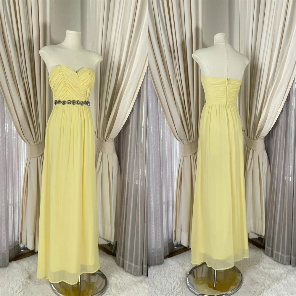 

Customized High Quality yellow Chiffon Evening Dress Elegant Graceful Strapless Sleeveless Zipper Back Homecoming Dress