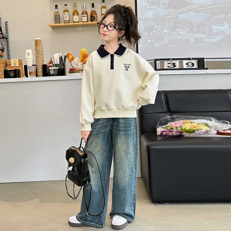 

Весенне-осенний комплект для школьниц, весна-осень 2022, повседневный пуловер с контрастными лацканами для девочек + джинсовые прямые брюки, комплект для девочек 4–14 лет