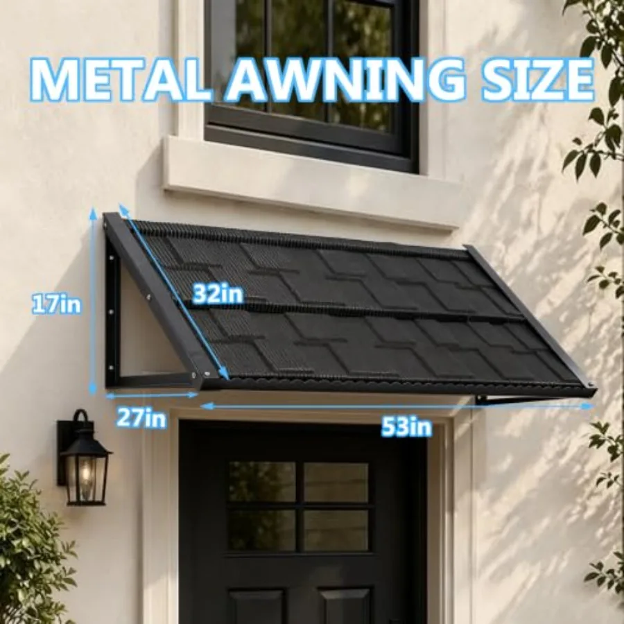 Heavy-Duty Fixed Metal Awning for Door Window Balcony, Steel Frame with Sand-Coated Tile Design, Black, All-Weather Rain Snow P