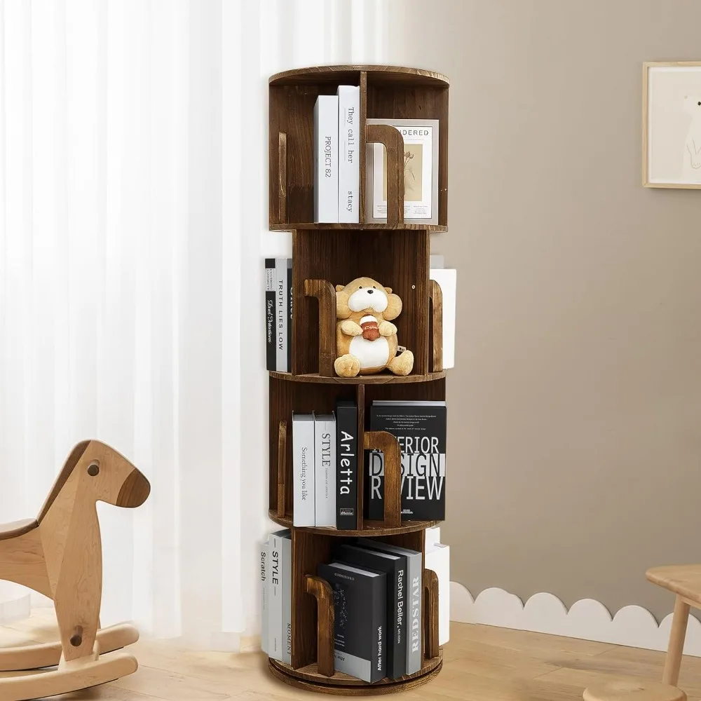 

360 Rotating Bookshelf Corner Bookcase,Spinning Display, Wooden 4 Tier Floor,Storage Rack Books Organizer