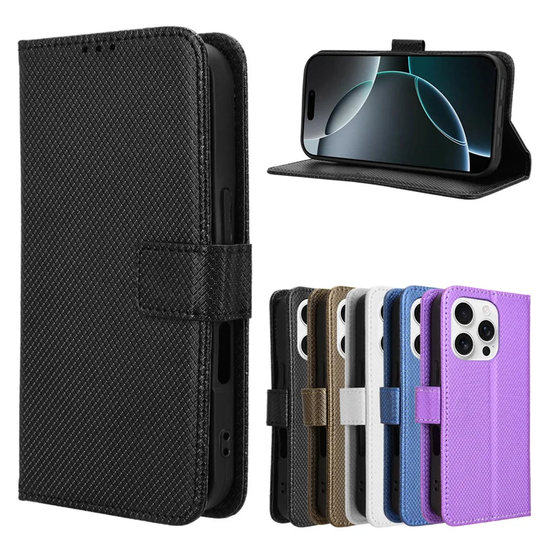 Untuk iPhone16 Pro 16 Plus penutup Flip mewah pola berlian kulit PU dompet kulit casing berdiri untuk iPhone 16 Pro Max tas ponsel