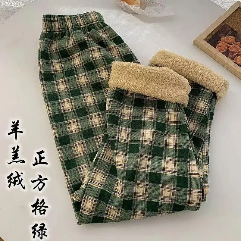 

Женские брюки, дышащие винтажные мягкие джинсовые зимне-осенние леггинсы, флисовые толстые свободные клетчатые повседневные прямые брюки из шерпа