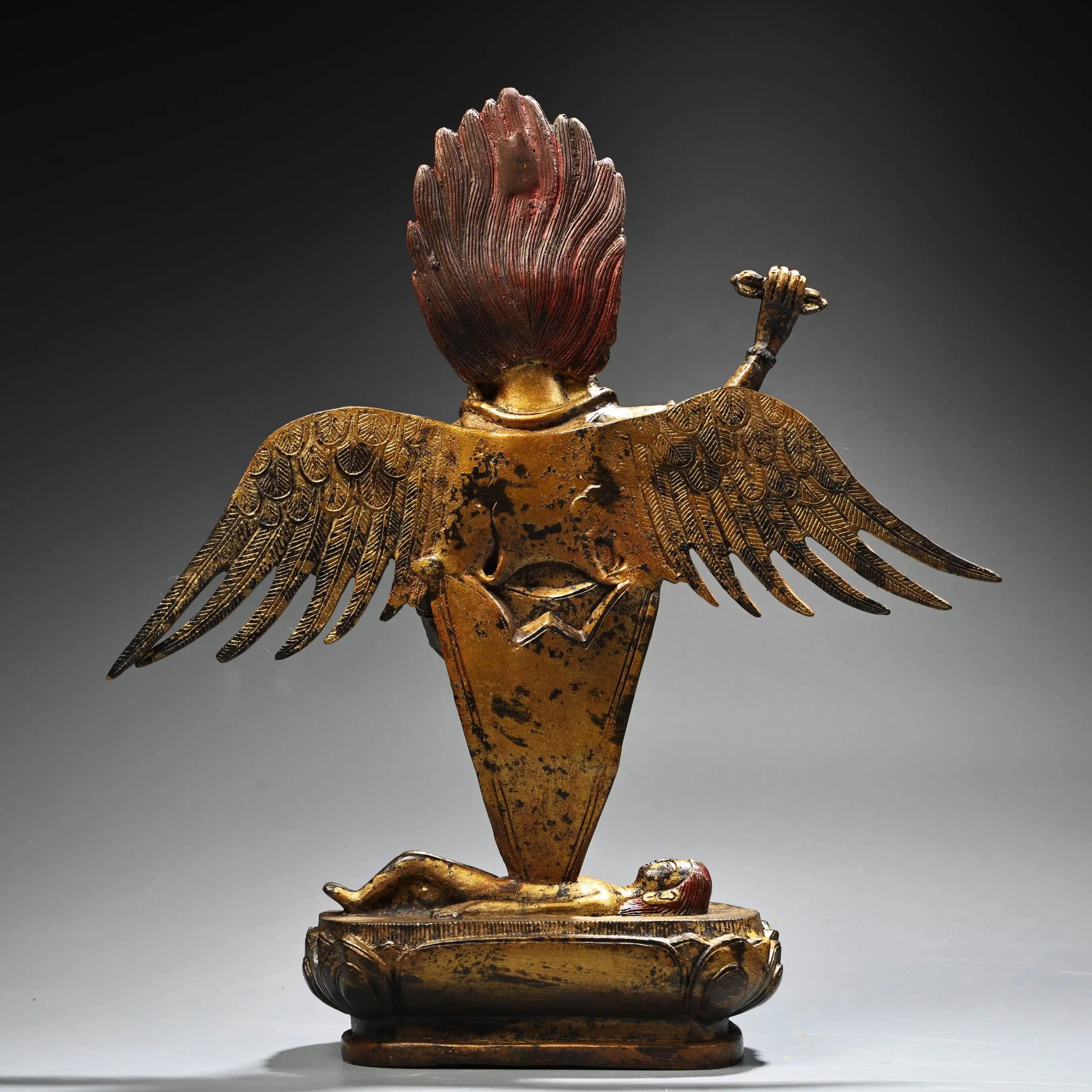 11 "مجموعة معبد التبت البرونزية القديمة المذهبة الزنجفر بوما فاجرايانا الدائمة بوذا غارودا بوذا لوتس شرفة قاعة العبادة