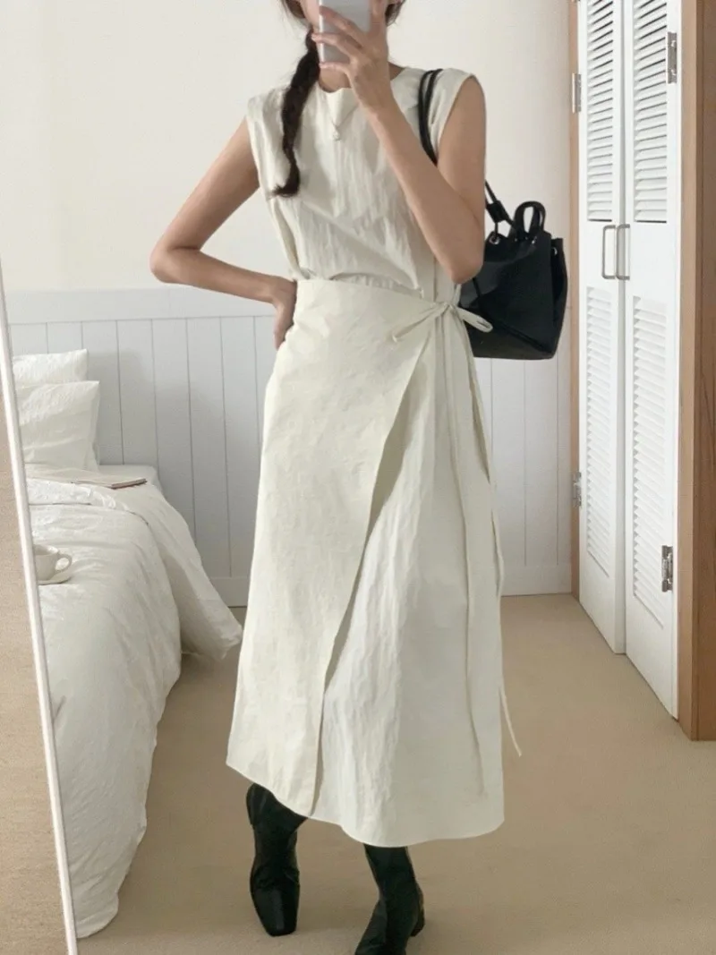 Korean Chic Lace-up Bow Vestidos Round Neck Sleeveless Women 2024 Dress High Waist Vestido Summer New Dresses Irregular Robes