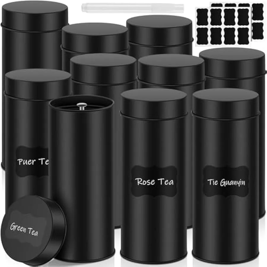 10 Pcs Tea Tin Canister Metal Tea Canister Round Tin Can with Airtight Lid Tea Double Sealed Tea Canisters with 1 Erasable Chal