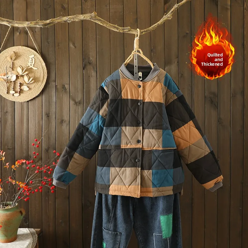 Thiened Cotton Jaet met Cotton Sandwich Diamond Pattern Grote maat Dames Faionable Busin Sle Long Sve Stand...