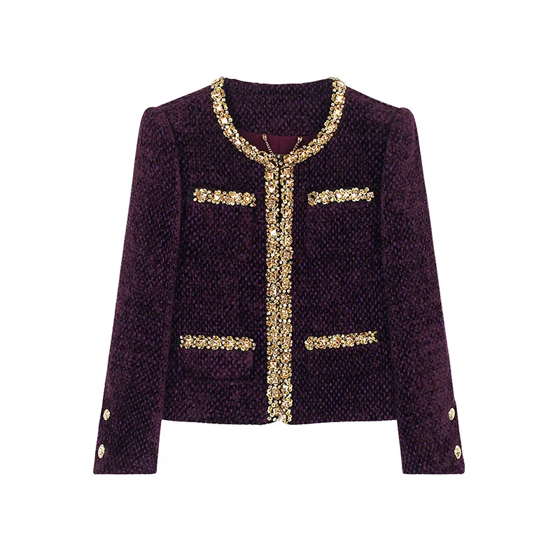 

High Quality Purple Bead Fragrant Coat Women Autumn Winter Tweed Long Sleeved Loose Warm Hook Loop French Light Luxury Coat