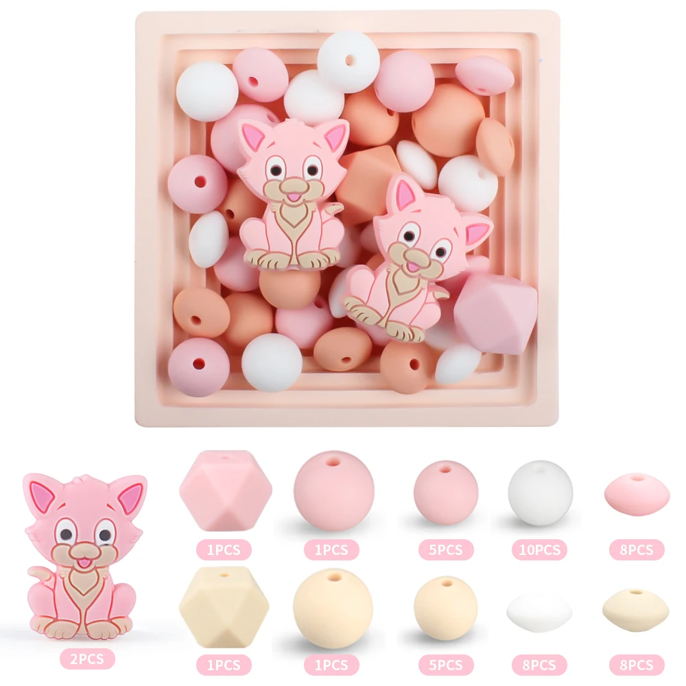 50Pcs/Set Silicone Beads Baby Sets kittens Round Beads Sets Teething Teether BPA Free DIY Necklace Pacifier Chian Accessories