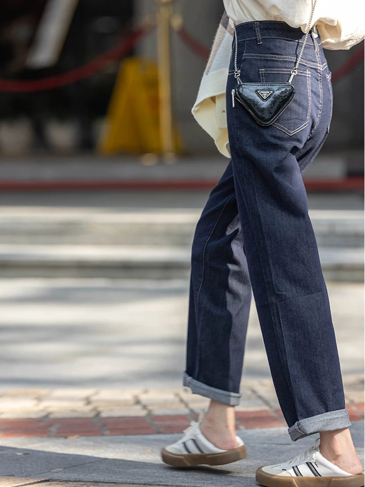 

Blue High Waist Straight Leg Jeans Women's Classic Wa Loose Fit Spring Autumn Design Slimming Cuffed Nine-Piece Pants