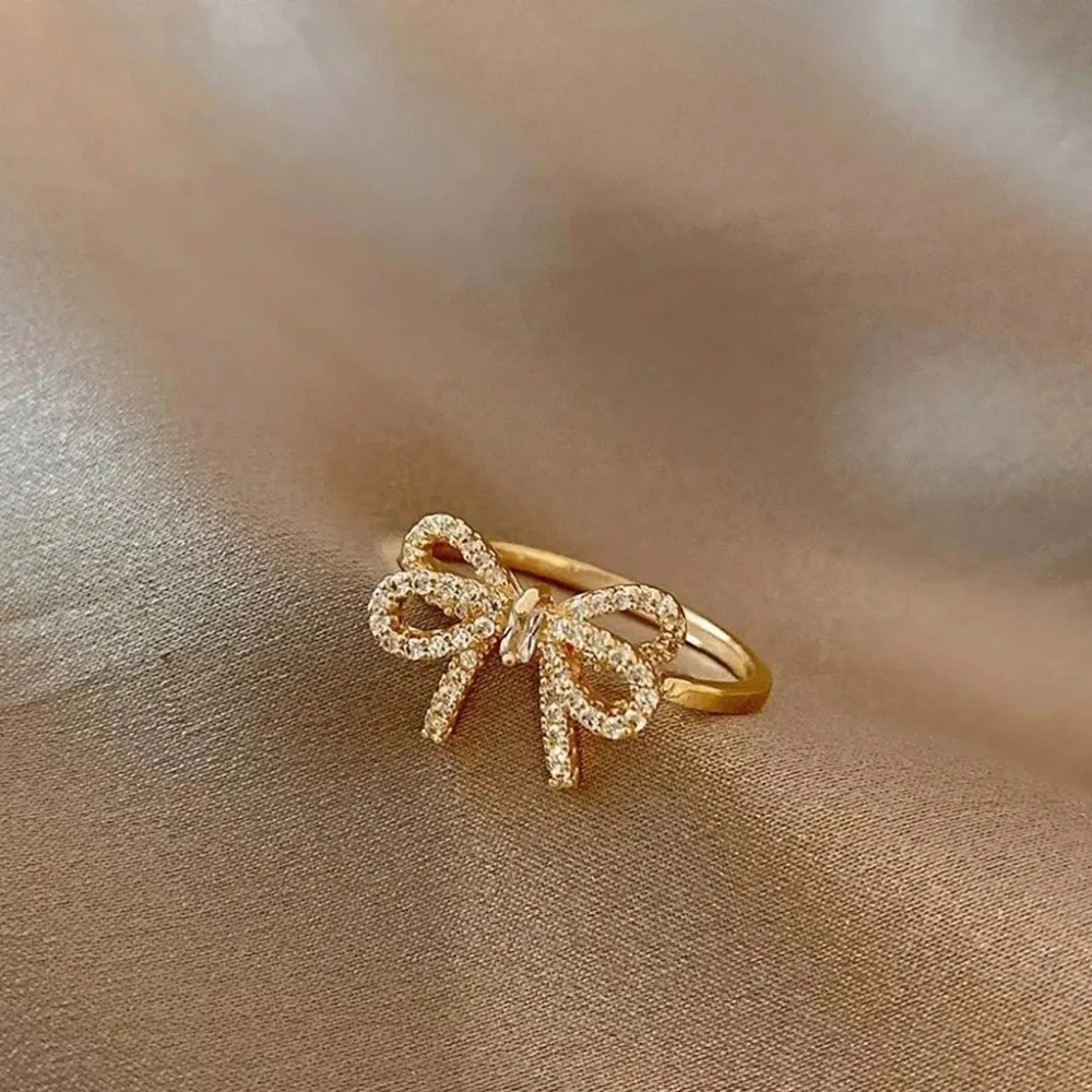 Minimalist Bowknot Opening Rings for Women Gold Silver Color Crystal Zirconia Bow Knot Finger Rings Female Wedding Jewelry