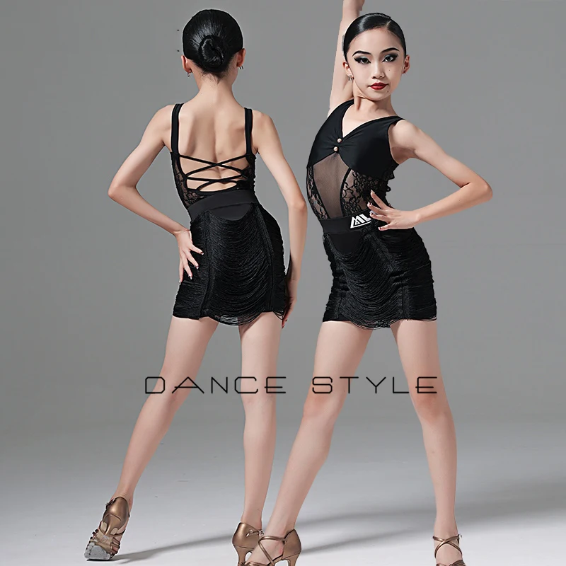 Nouveaux enfants sangle haut gland jupe noir tenues latines Samba Chacha Rumba robe danse latine Performance porter pour les filles DQS20277