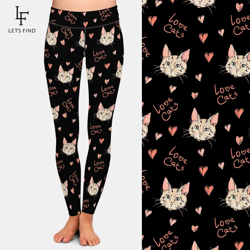 LETSFIND New 220gsm Double Side Brushed Milk Silk Print Women Pants Fashion Love Cats Print High Waist Soft Leggings