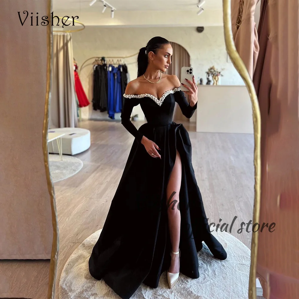 

Viisher Black A Line Prom Dresses Beads Off Shoulder Satin Evening Party Dress with Slit Women Formal Evening Gowns with Train