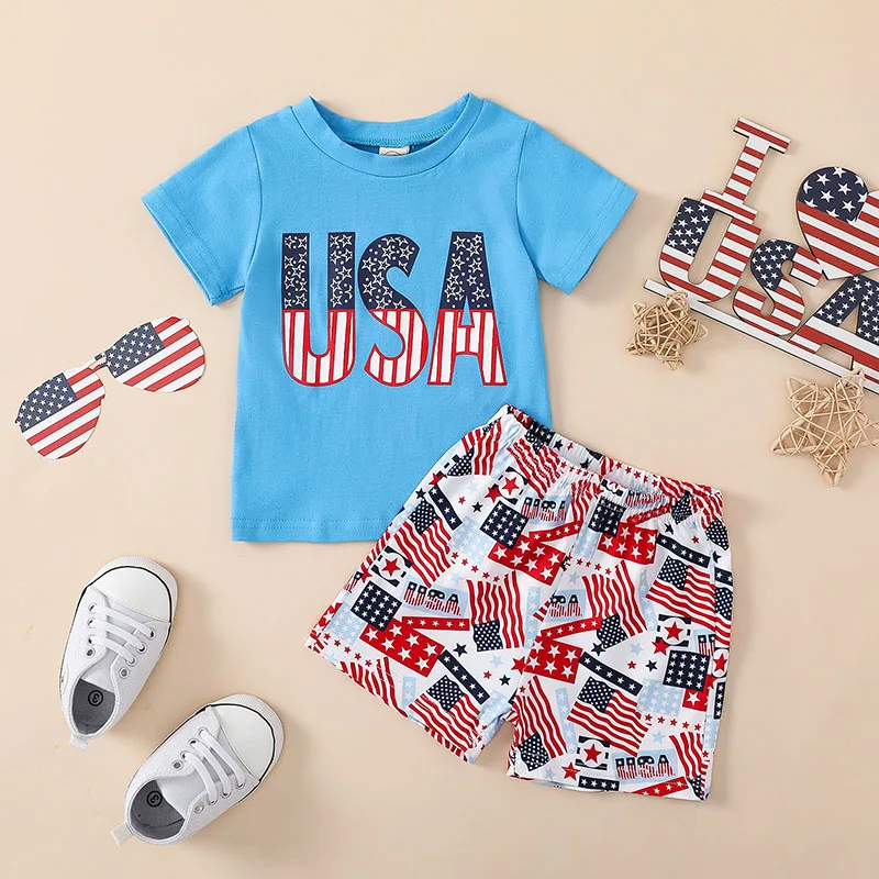 

American Flag Baby Romper Jumpsuit Independence Day Outfit Set with Star Stripe Print Shorts and Letter Print Top