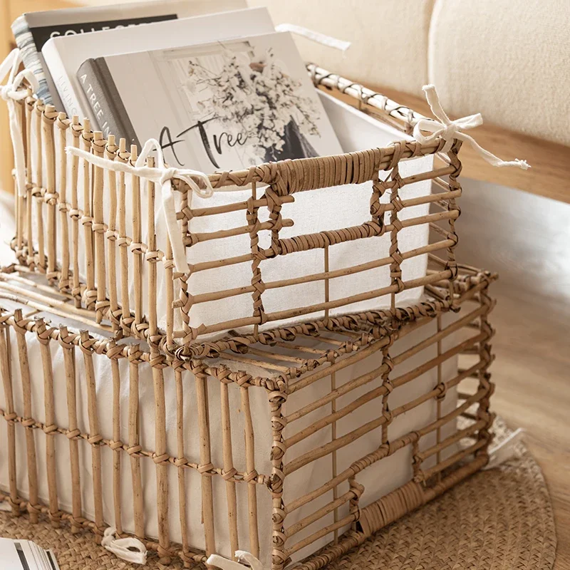 Natural Rattan Weaving Storage Basket Desktop Clutter Storage Boxes Disassembly Lining Makeup Organizer, Snack Toy Wicker Basket