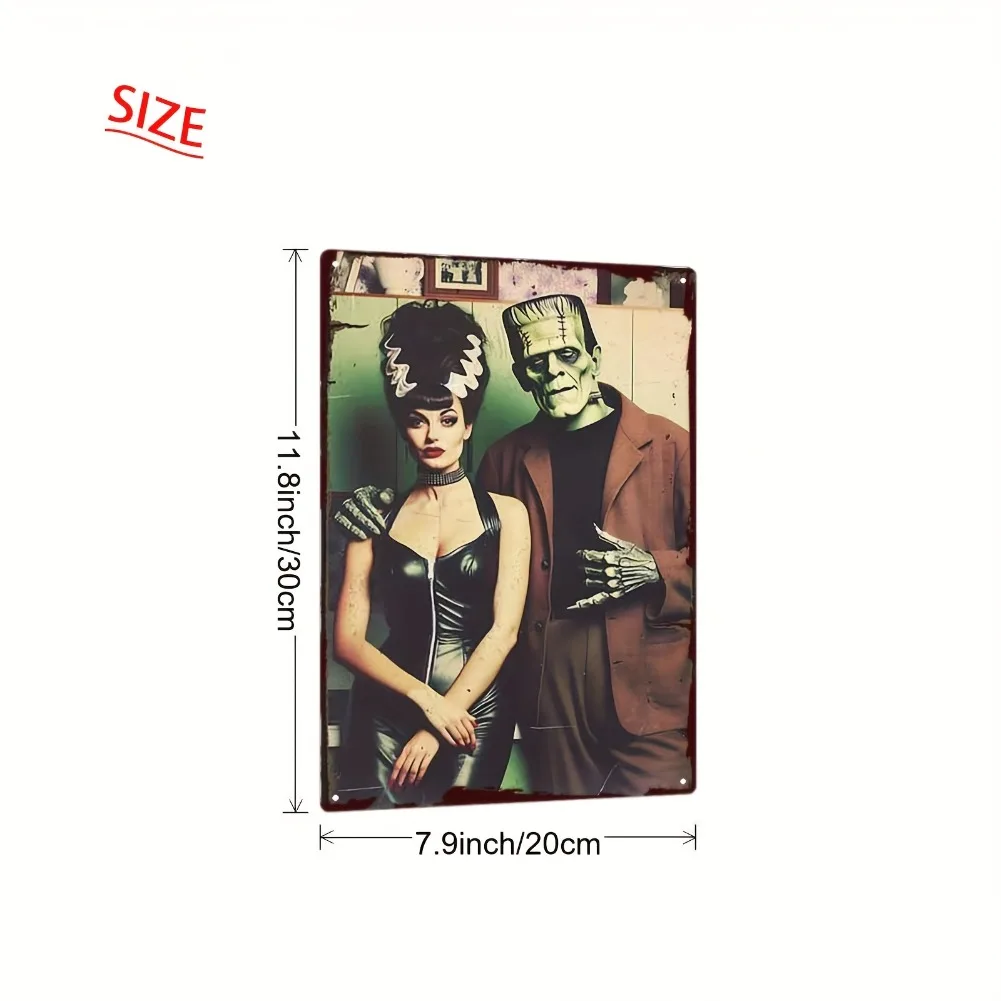 لافتة فنية جدارية معدنية عتيقة ثنائية الأبعاد، قطعة واحدة من Frankenstein - 20 × 30 سم / 8 × 12 بوصة ديكور رعب قوطي حديدي مع زوجين وحش كلاسيكيين #3
