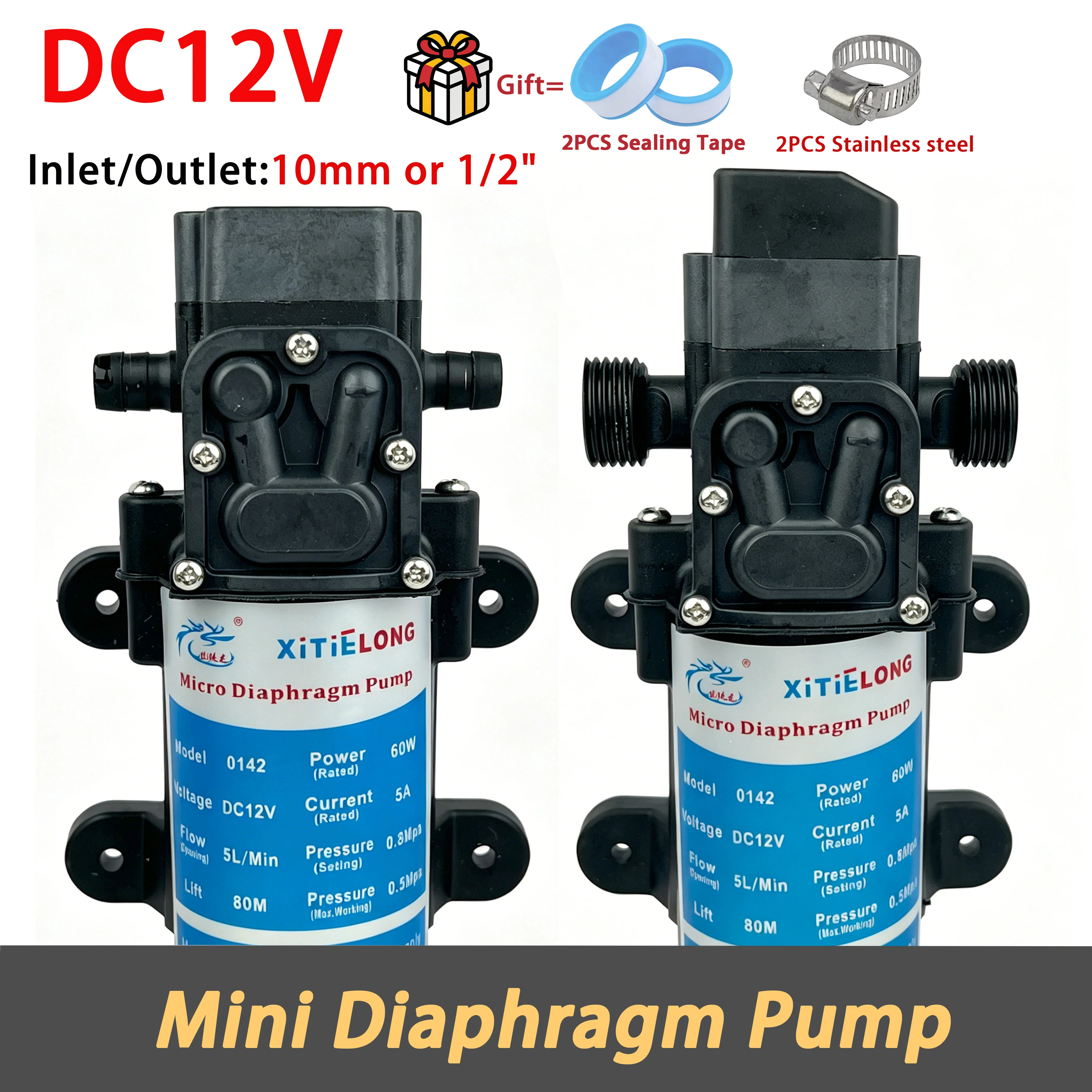 

DC12V 60W High Temp Self Priming Diaphragm Booster Pump 5L/min 1.5M Suction 0.5MPa Car Wash Household Spray Water Pump