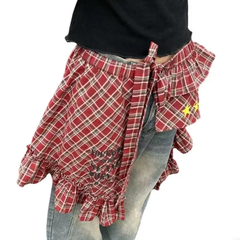 270D TIE TIE خصر الطبقات غلاف غلاف تنورة المدقق النجمة متدفق الورك قميص قميص موسع