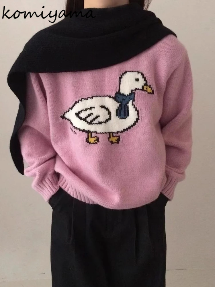 

Cartoon Duck Jacquard Sweater Woman 2025 Outerwears Loose O Neck Pullovers Long Sleeve Ropa Mujer Autumn Winter Thicked Clothes
