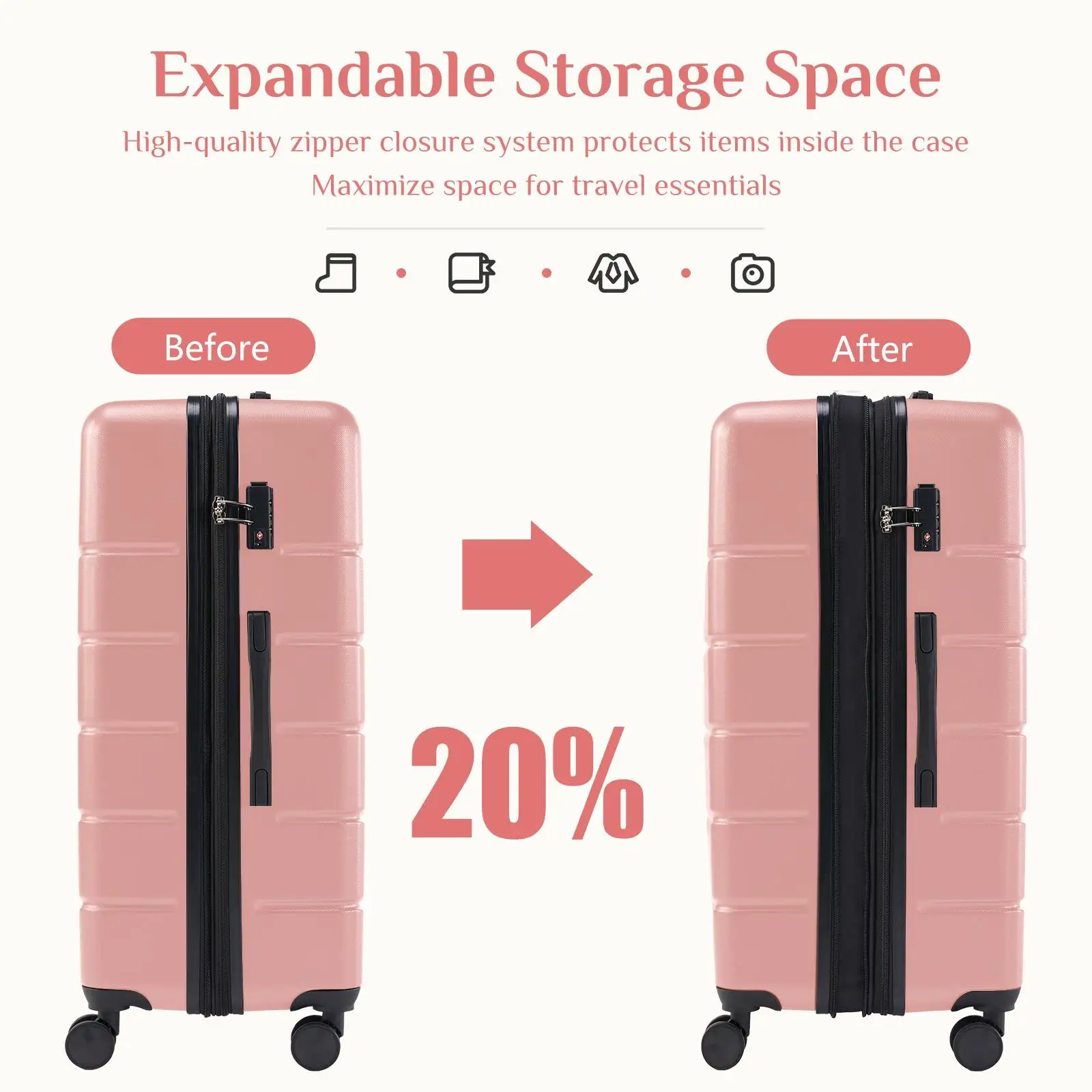 Hard sided expand suitcase with rotating wheels, TSA lock, retractable handle,, 3P