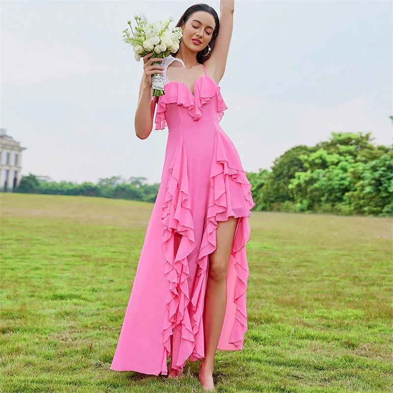 Summer Pink Women Prom Dress Sexy Side Split Sleeveless Evening Party Gown Ruffles Ankle Length Long Robes In Stock