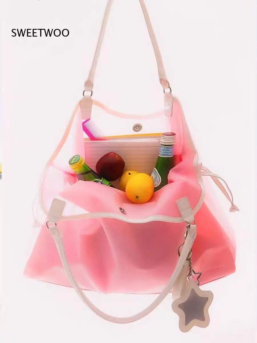 2026 Pastel Jelly Pvc Handbag Drawstring Bucket Design Star Mirror Pendant Summer Seaside Vacation Women Small Storage Purse