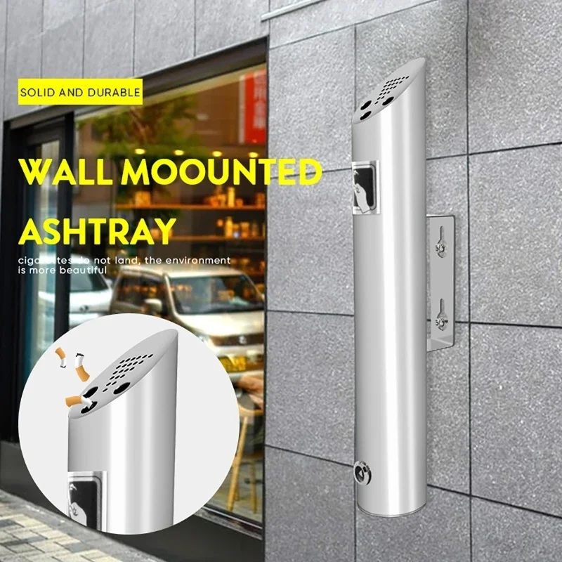 2L Outdoor Cylinder Wall Mounted Ashtray 304  Stainless Steel Cigarette Ash Bin Lockable  for Hotels Shopping Malls Street Clubs