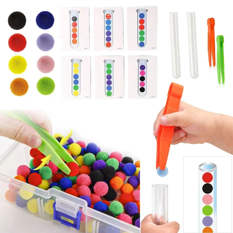 

54-109pcs Fine Motor Sorting Set Kids Educational Toy Test Tube Pompoms Tweezers Color Matching Card Montessori Chidlren Gifts